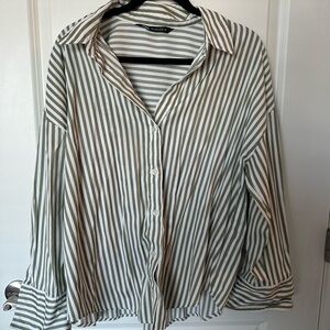 Zara Olive and White Striped Button-Down Shirt